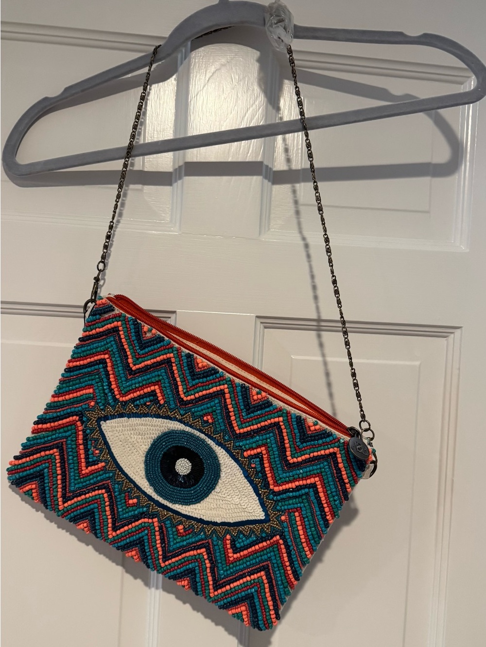 Eye-Embellished Beaded Crossbody Bag in Teal & Coral